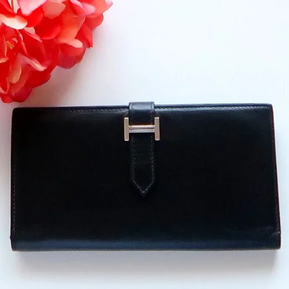 Hermès Béarn Black Leather H Buckle Long Wallet Bifold Luxury French Designer